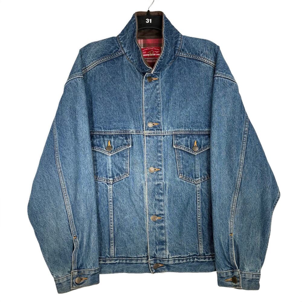 Vintage Marlboro Country Store Blue Denim Flannel Trucker Jacket Leather 90s